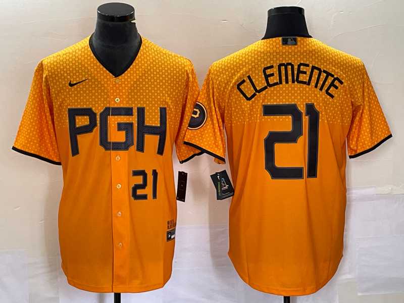 Mens Pittsburgh Pirates #21 Roberto Clemente Number Gold 2023 City Connect Stitched Jersey1